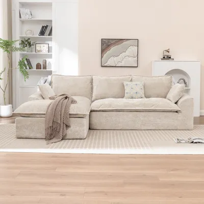 Image de Canapé modulable en L avec méridienne - Beige - Revêtement en chenille et mousse compressée - Aucun montage requis