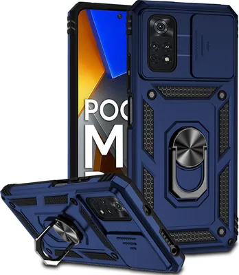 Image de Etui pour Xiaomi Poco M4 Pro 4G étui double couche avec cache appareil photo coulissant et anneau de support bleu