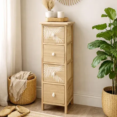Produktbild von Kommode Melia schmal 4 Schubladen Palmen-Design Artisaneiche-Weiß