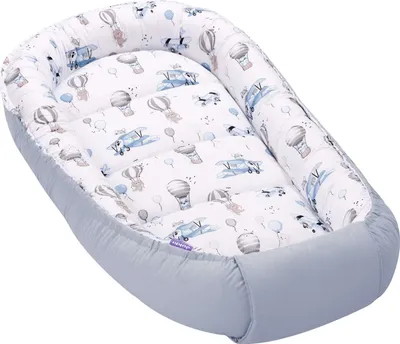 JUKKI® BabyNestchen XXL 120x65cm bis zu 18 Monaten 2seitig [Balloon Travel Blue] Nestchen Babybett Reisebett Kokon Babynest Kuschelnest Nest
