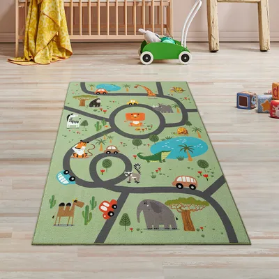 Produktbild von Rutschfester Kinder-Straßenteppich mit Tieren grün Größe - 80 x 150 cm