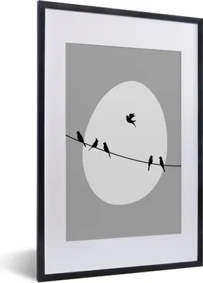 Produktbild von MuchoWow® Gerahmtes Poster Vögel - Schwarz - Weiß 40x60 cm - Poster mit Schwarzem Bilderrahmen Wandposter Rahmen Foto Bilder - Poster in Rahmen