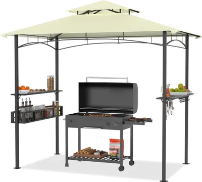 Image de TRMLBE Grill Pavillon 2,4x1,4x2,5 m BBQ Pavillon de barbecue avec toit double couche en polyester Pavillon de jardin avec étagère en métal Panier de rangement & plus de crochets Tonnelles de jardin pour fête BBQ, Beige