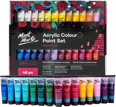 Produktbild von Mont Marte Acrylfarben Set Premium – 48 Stück x 36ml Tuben – Ideal für Acrylmalerei – Brillante Lichtechte Farben mit großer Deckkraft