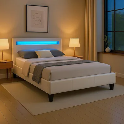 Produktbild von Polsterbett MIRASOL 120x200 cm, Weiß - Einzelbett mit LED Beleuchtung im Kopfteil, inkl. Fernbedienung, Jugendbett aus Kunstleder mit Lattenrost