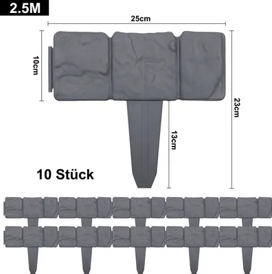 A single garden border element with dimensions and a set of border elements shown below.