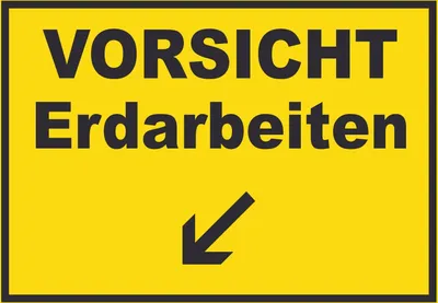 Produktbild von Vorsicht Erdarbeiten mit Richtungspfeil links unten Schild A1 Rückseite selbstklebend