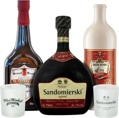 Produktbild von Set mit 3 Trójniak-Drittel Mets mit 2 Bechern|Markowy Rycerski, Sandomierski, Kasztelañski| | 2250ml | 13% Alkohol Metwein | Polnische Produktion