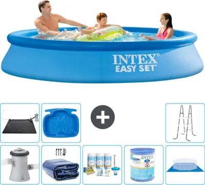 Produktbild von Intex runder aufblasbarer Easy Set-Schwimmpool – 305 x 61 cm – Blau – inklusive Pumpe Sonnensegel - Wartungspaket - Filter - Bodenplane - Solarmatte - Leiter