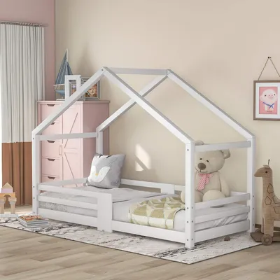 Obrázek produktu pro Dětská postel, model "domeček" se zábradlím, z borovicového dřeva, rozměry 90x200 cm, bílá barva, bez matrace