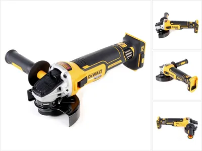 A cordless angle grinder is shown against a white background, with smaller inset images showing different angles of the tool.