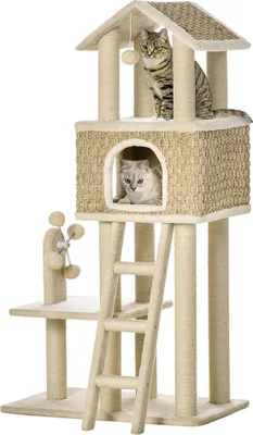 Immagine prodotto di Posto di riposo e tiragraffi per gatti D30-431, con grotta per gatti, incl. giocattolo, tronchi di iuta, piattaforma grande, truciolato, peluche, 131 cm