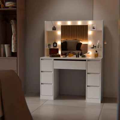Produktbild von Juskys Schminktisch Malia mit LED, 7 Schubladen & großem Spiegel – Weiß