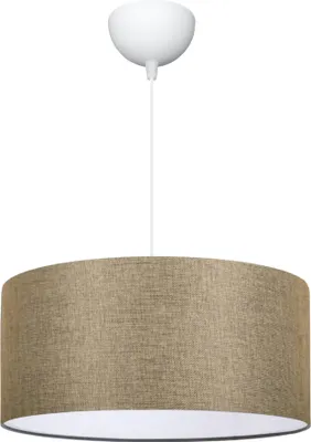 A pendant lamp with a beige fabric shade and a white ceiling mount.