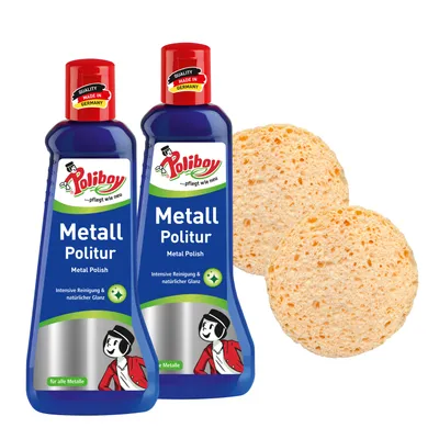 Produktbild von Poliboy Metall Politur - 2x200ml - Poliermittel für glänzende Metalle - Metallpflegemittel mit Anlaufschutz - Mit 2x Schwamm - 99A5501