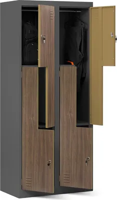 A gray metal locker with four compartments, two of which have wooden-look doors. The doors are open, revealing the inside of the lockers.