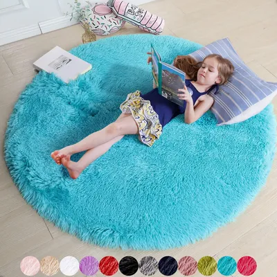 Image de Tapis rond 152 cm - Lavable et doux pour chambre d'enfant et salon (Turquoise)