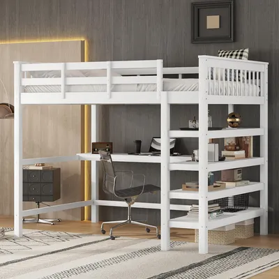 Obrázek produktu pro Patrová postel Merax 140x200 cm, dětská postel s úložnými prostory a psacím stolem, patrová postel s ohrádkami, postel pro mládež, bílá