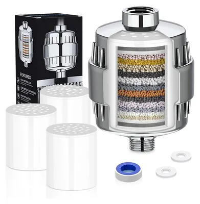 A shower filter with multiple filter cartridges and replacement cartridges is displayed on a white background.