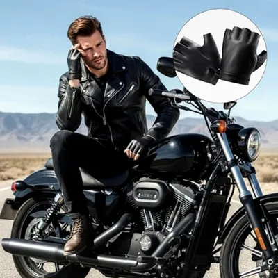 Produktbild von Fingerlose Lederhandschuhe für Herren, Halbfingerhandschuhe, Rutschfeste Taktische Handschuhe, Schwarz für Fahren, Radfahren und Motorrad