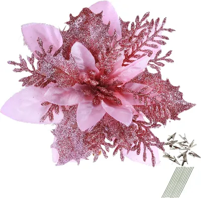 Produktbild von 12 Stück glitzernde Weihnachtssterne, 14 cm, künstliche Blumen, Weihnachten, mit Clips, Stielen, Weihnachtsbaumschmuck für Hochzeit, Party, Kranzdekoration (rosa)