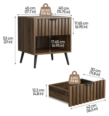 Obrázek produktu pro Noční stolek 45 x 40 x 53 cm se zásuvkou a otevřenou přihrádkou, ořech, černé kovové nohy, ochrana proti převržení