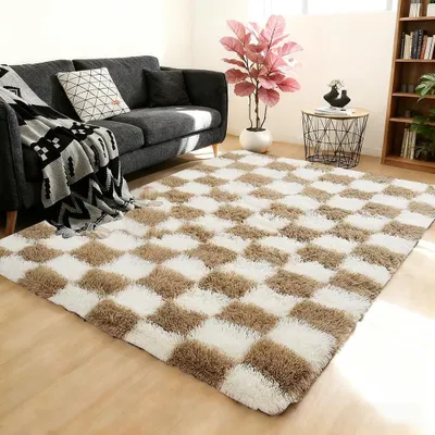 Produktbild von Hochfloriger Teppich, 140 x 200 cm - Waschbar - Rutschfest - Weich - Schachbrettmuster - Staubsaugergeeignet - Teppich