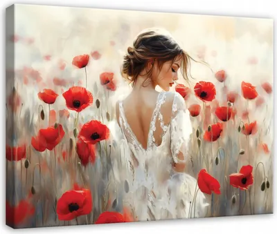 Produktbild von Leinwandbild Frau Blumen Mohnblumen - 100x70 cm - Wandbilder Wohnzimmer Schlafzimmer - Leinwand Leinwandbild Beige - PP16145O1