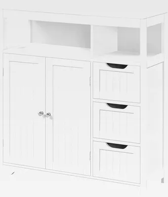 Produktbild von Badezimmerschrank Unterschrank mit 3 Schubladen und 2 Türen mit Verstellbarer Regalebenen & 1 Offenem Regal Hochschrank Beistellschrank Kommode für Badezimmer/Flur, Weiß