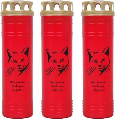 Produktbild von Grabkerze Rot 3er Pack, Brenndauer: 170 Stunden ( je Kerze ), Motiv: Katze 3