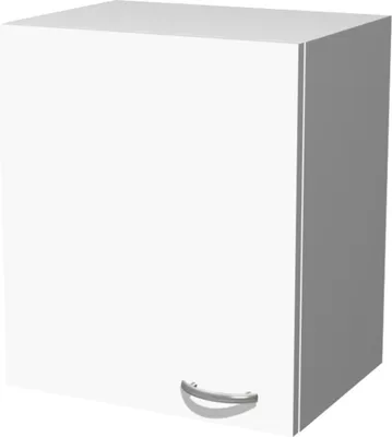 A white kitchen cabinet with a silver handle.