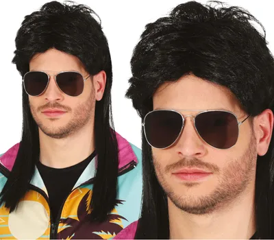 Produktbild von 70s Retro Vokuhila Perücke Party Style Karneval Mottoparty Kostüm Vintage Look Rock Haarschnitt Einzigartig Lang Haar Mode Kultig, Farbe: Braun