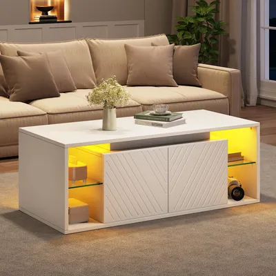 Produktbild von Merax Couchtisch Sofatisch mit LED-Beleuchtung, Wohnzimmertisch mit 2 Türen und halboffene Ablage, Beistelltisch Kaffeetisch aus Spanplatte, Weiß