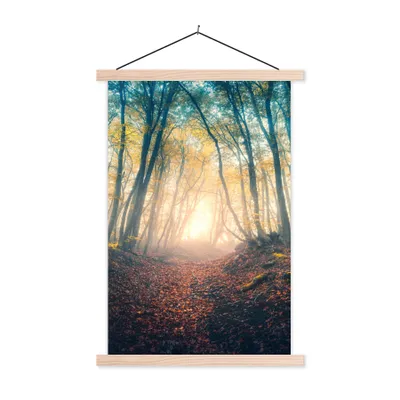Obrázok produktu pre MuchoWow® Textilný plagát - Les - hmla - slnko - jeseň - 120x180cm - S hnedými lamelami