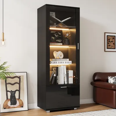 Produktbild von okwish Vitrine,Schwarze Hochglanzvitrinen mit Glastüren, LED-beleuchtete Glasvitrinen, Vitrinen für Sammlerstücke, Parfümschränke, Bücherregale und Glasvitrinen mit schwarzen Hochglanztüren (3 Einlegeböden),40x50x160cm