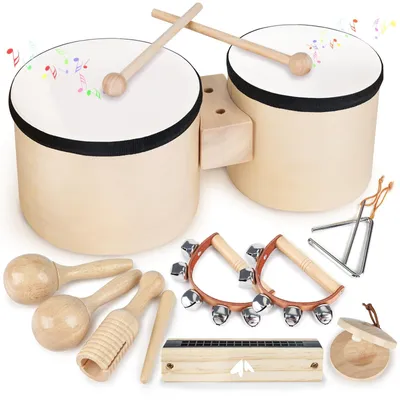 Productafbeelding van Speelgoed vanaf 3 jaar, muziekinstrumenten, trommel, kinder drumstel, houten speelgoed, Montessori kinderspeelgoed, geschikt voor kinderen van 3, 4 en 5 jaar, dubbele trommel, muziekinstrumentenset