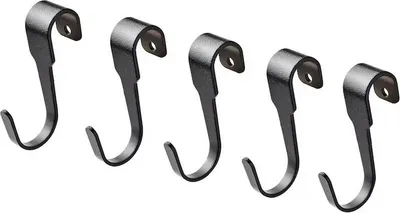 Five black metal hooks arranged in a row against a white background.