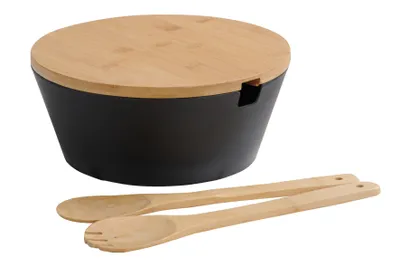 Obrázok produktu pre KESPER Misa Na Ovocie A Šalát S Príborom A Bambusovým Vekom Ø 26 cm Čierna 92524