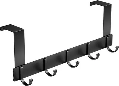 Image de Porte-manteau mural Ibbenzoa® noir avec 5 crochets réglables – Montage sans perçage, dimensions 32,5 x 11 x 4,5 cm, pour portes d'une épaisseur maximale de 4,5 mm