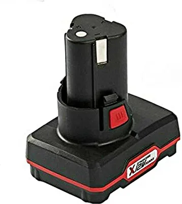 A black and red power tool battery pack is shown against a white background.
