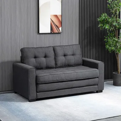Zdjęcie produktu dla Dwuosobowa sofa rozkładana, rozkładana sofa, drewno kauczukowe o wyglądzie lnu, kolor szary | 147,5 x 75 x 85 cm | powierzchnia spania 195 x 148 cm | nośność do 135 kg
