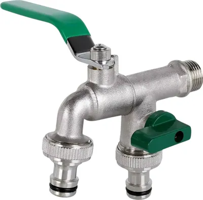 Immagine prodotto di Valvola a sfera doppia Happyment - Adattatore per serbatoio con 2 attacchi - Uscita a gru - Ottone - Per acqua piovana e botti standard - Resistente al gelo e alle intemperie