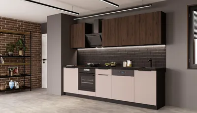 Produktbild von Küche ARONA + MONZA BASIC 280 cm Küchenzeile Küchenblock Einbauküche Kaschmir beige matt + Nußbaum + Schwarz matt