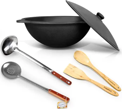 Produktbild von DAVR Metall Schmortopf Gusseisenkazan 22 L Ø 52,7 cm runder Boden 6-tlg Kochbesteck Holz, Edelstahl, Holz, Gusseisen, Aluminium (6-tlg), Dickwandig