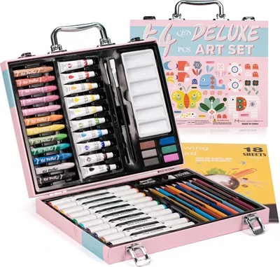 Produktbild von Famanu Schilderset für Kinder Anfänger - 54-teiliges Zeichen-Set mit Markierstiften, Farbstiften, Acrylfarbe, Wachsmalern, Aquarellfarbe