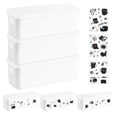 Image de Lot de 3 boîtes de rangement avec couvercles, boîtes de rangement en plastique, boîtes de rangement multifonctionnelles avec 3 autocollants de chats, rangement pour la cuisine, la chambre et la salle de bains