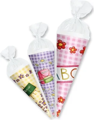 Produktbild von Schultüten 3er Set Anhängetütchen - Mädchen 15/125/10 cm rund Kreppverschluss mit Band