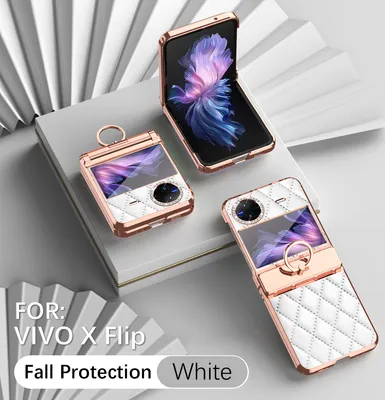 Produktbild von Leder Hülle für Vivo X Flip mit Ringhalterung, Luxus Glitzer Bling Überzug Scharnierschutz Handyhülle Weiß