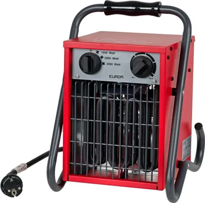 A red electric heater with a black handle and cord, shown against a white background.
