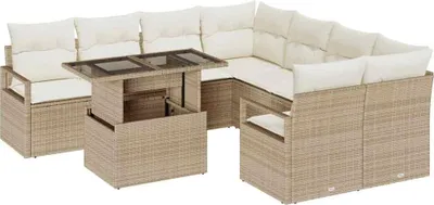 Image de Ensemble de canapés de jardin vidaXL, 9 pièces, couleur beige et crème, en résine tressée (poly-rattan), capacité pour 8 personnes